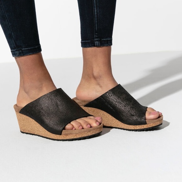 Birkenstock Shoes - Birkenstock Papillio Namica Wedge Sandals Mules Black Metallic